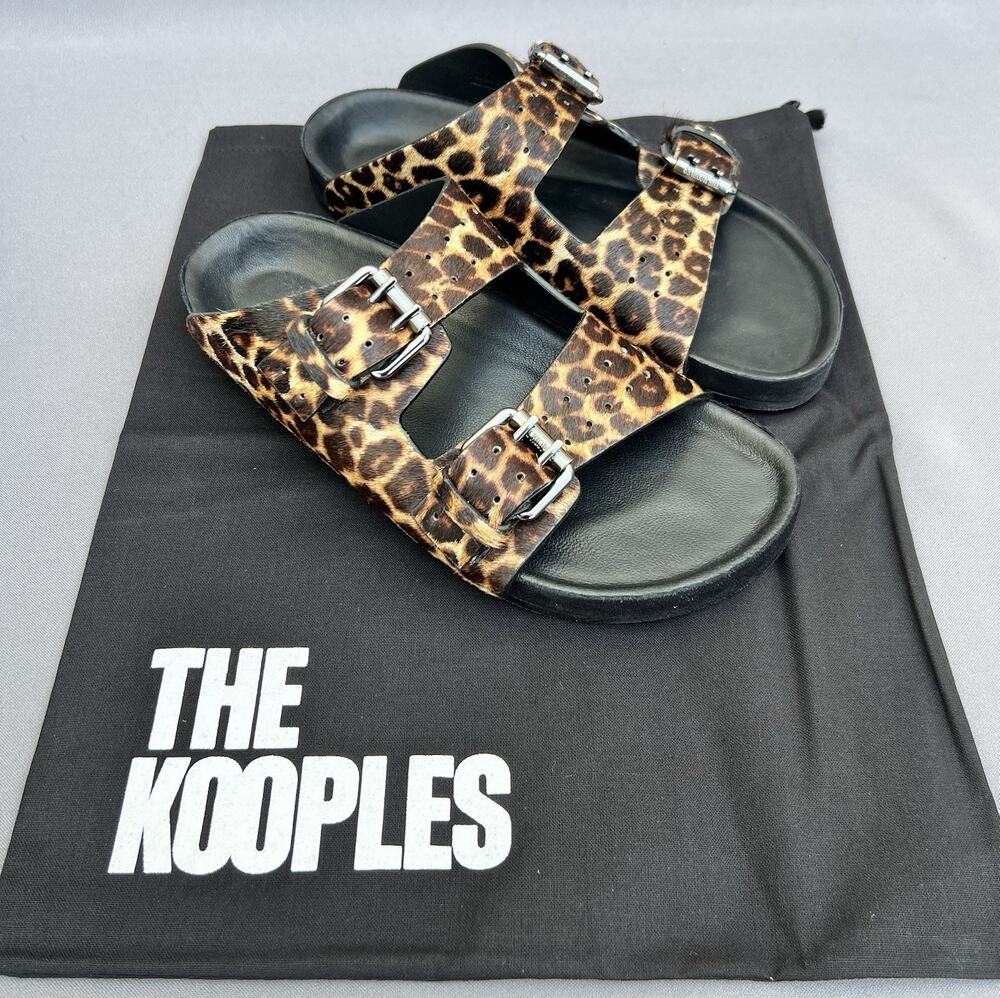The Kooples Leopard Print Leather Sandals Black Brown 5 US Size / 36 EU NWB